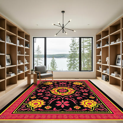 Bold Red Yellow Floral Medallion Rug