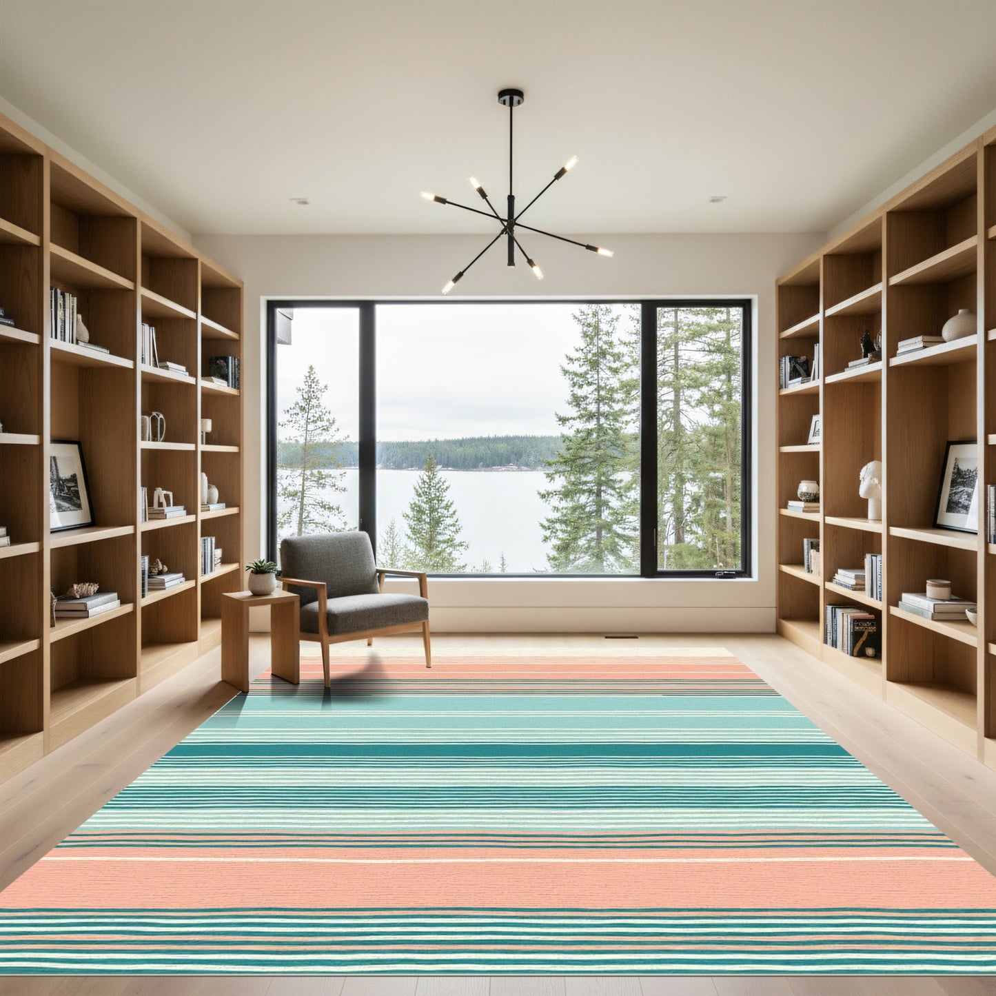 Coral Blue White Striped Bands Rug