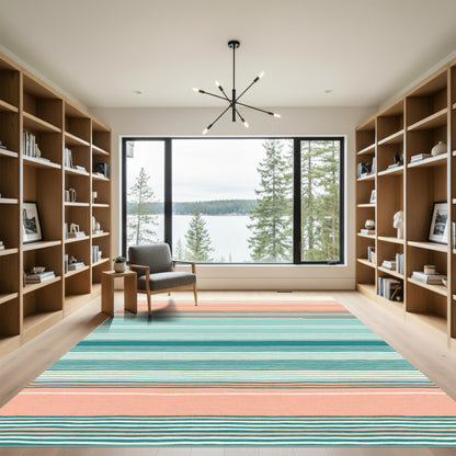 Coral Blue White Striped Bands Rug