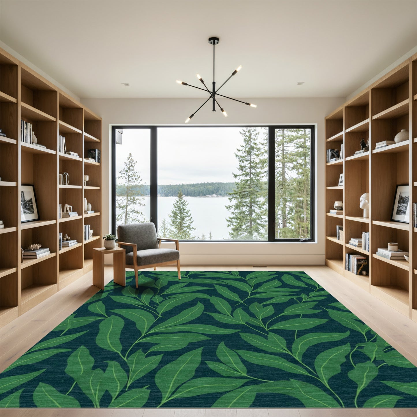 Deep Green Leafy Branch Composition Rug
