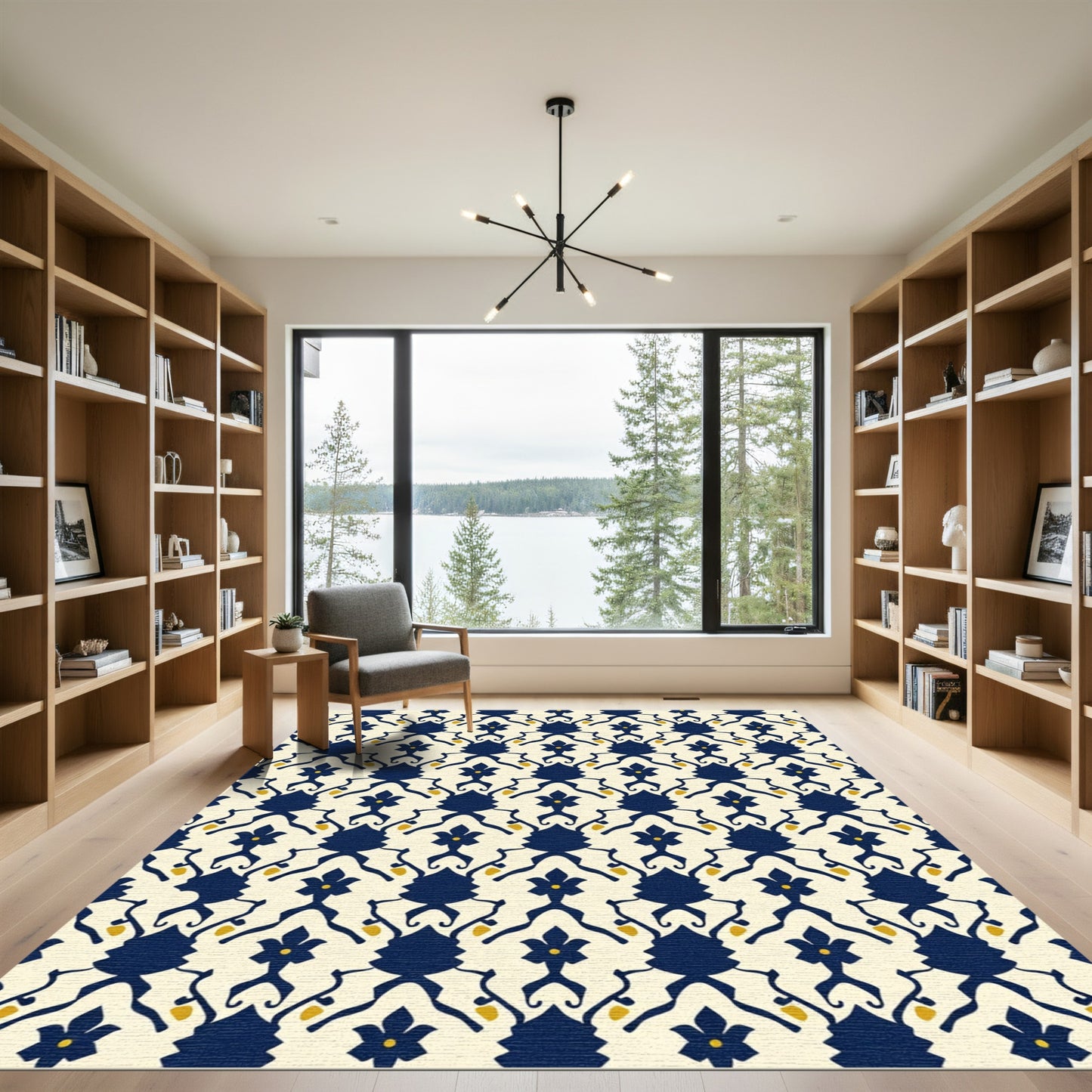Navy Blue Floral Arch Pattern Rug