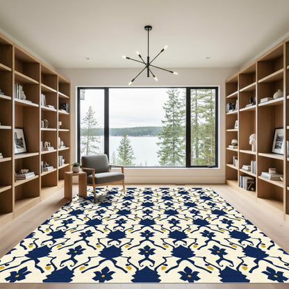 Navy Blue Floral Arch Pattern Rug