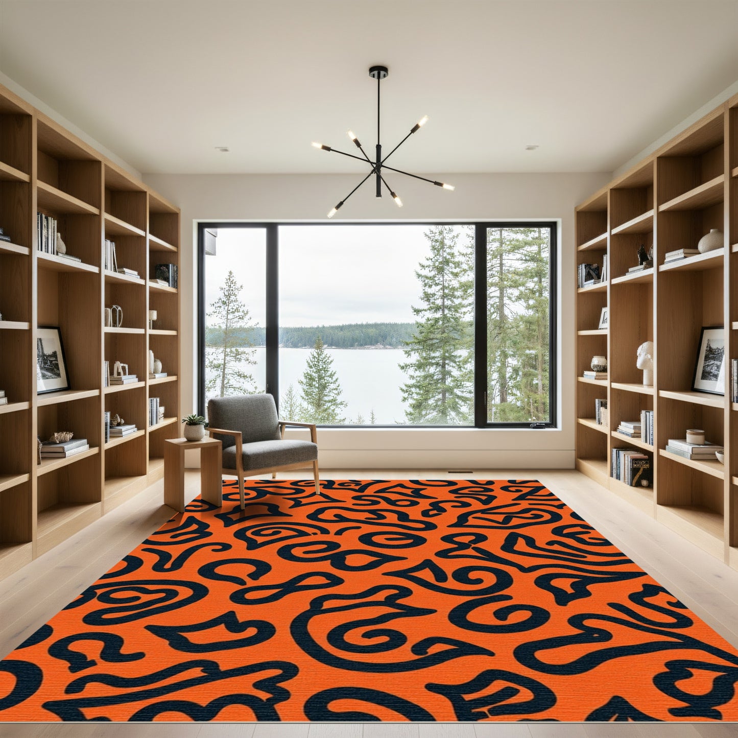 Orange Black Abstract Freeform Swirls Rug