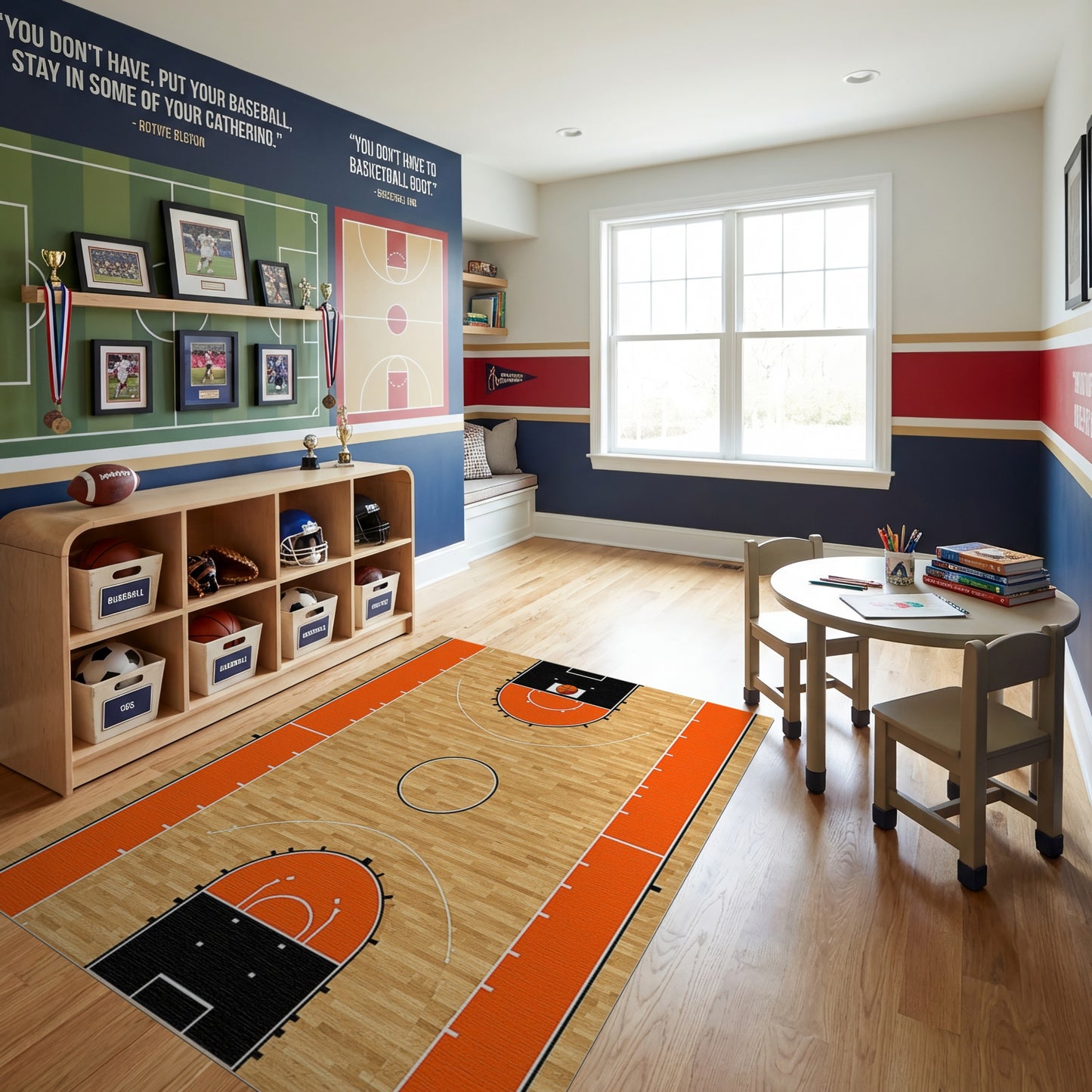 Basketball Court Hardwood Orange Rim Rug