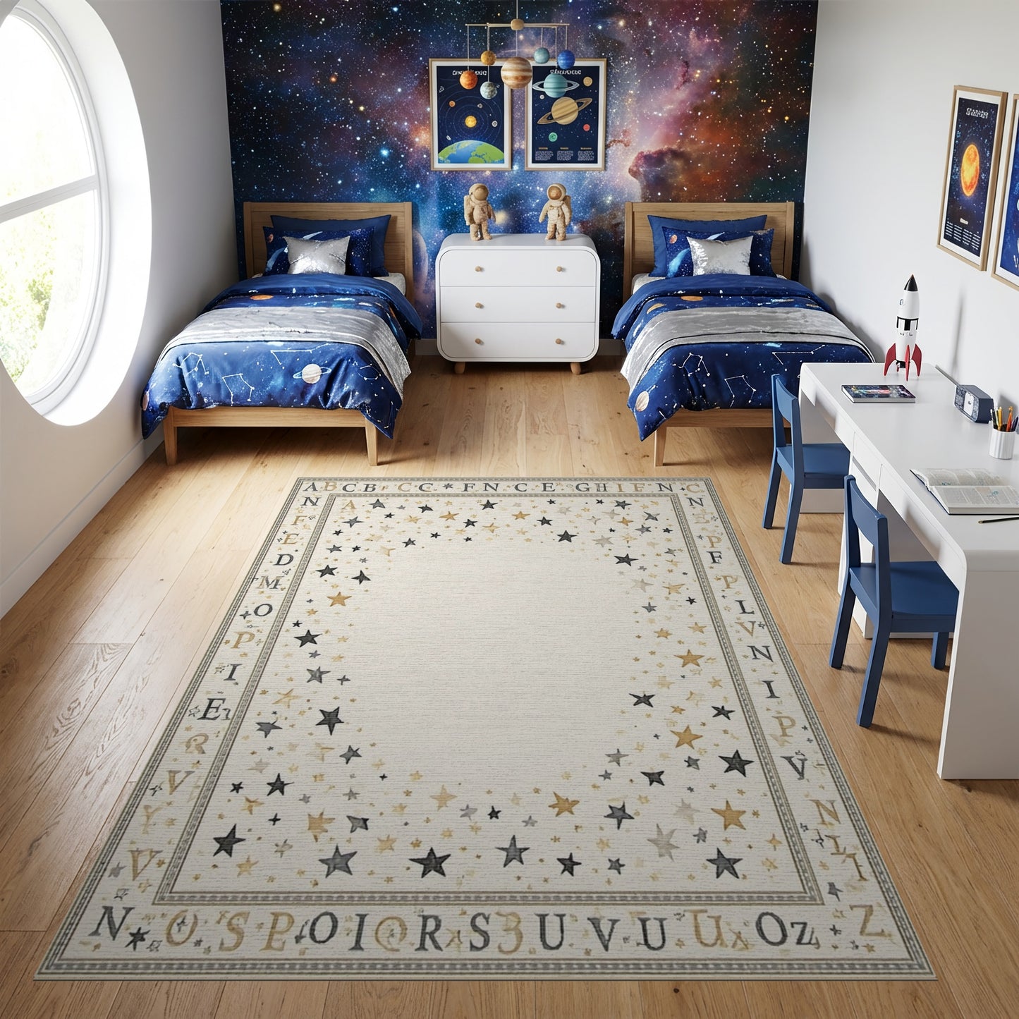 Black Gold Scattered Stars Alphabet Border Rug