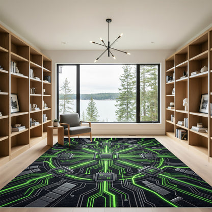 Luminous Cybernetic Circuitry Green Tech Node Rug