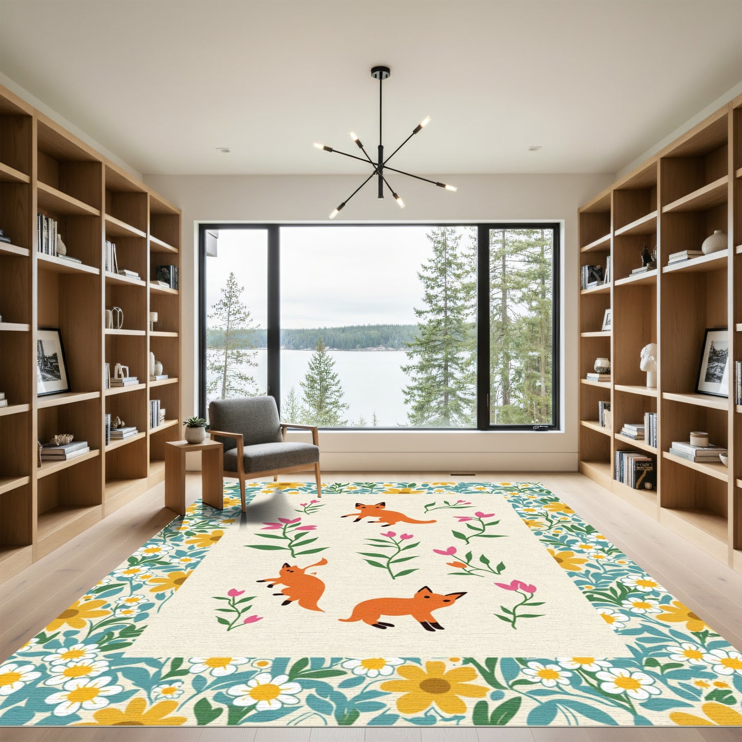 Whimsical Orange Foxes Pink Floral Meadow Rug