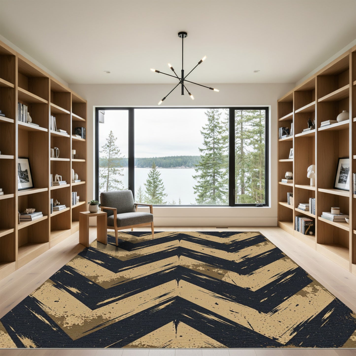 Distressed Black and Gold Chevron Rug