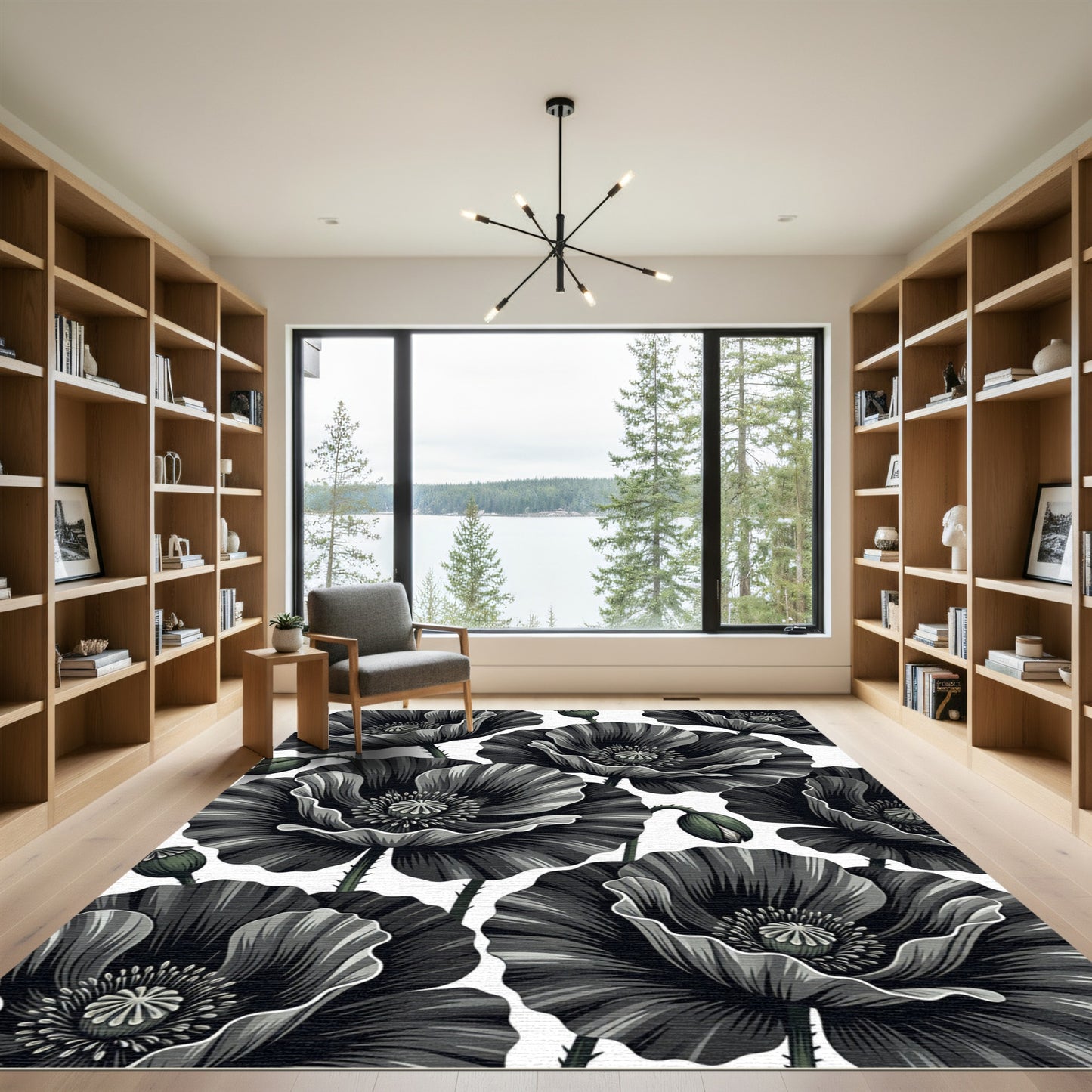 Dramatic Black Poppy Floral Repeat Rug