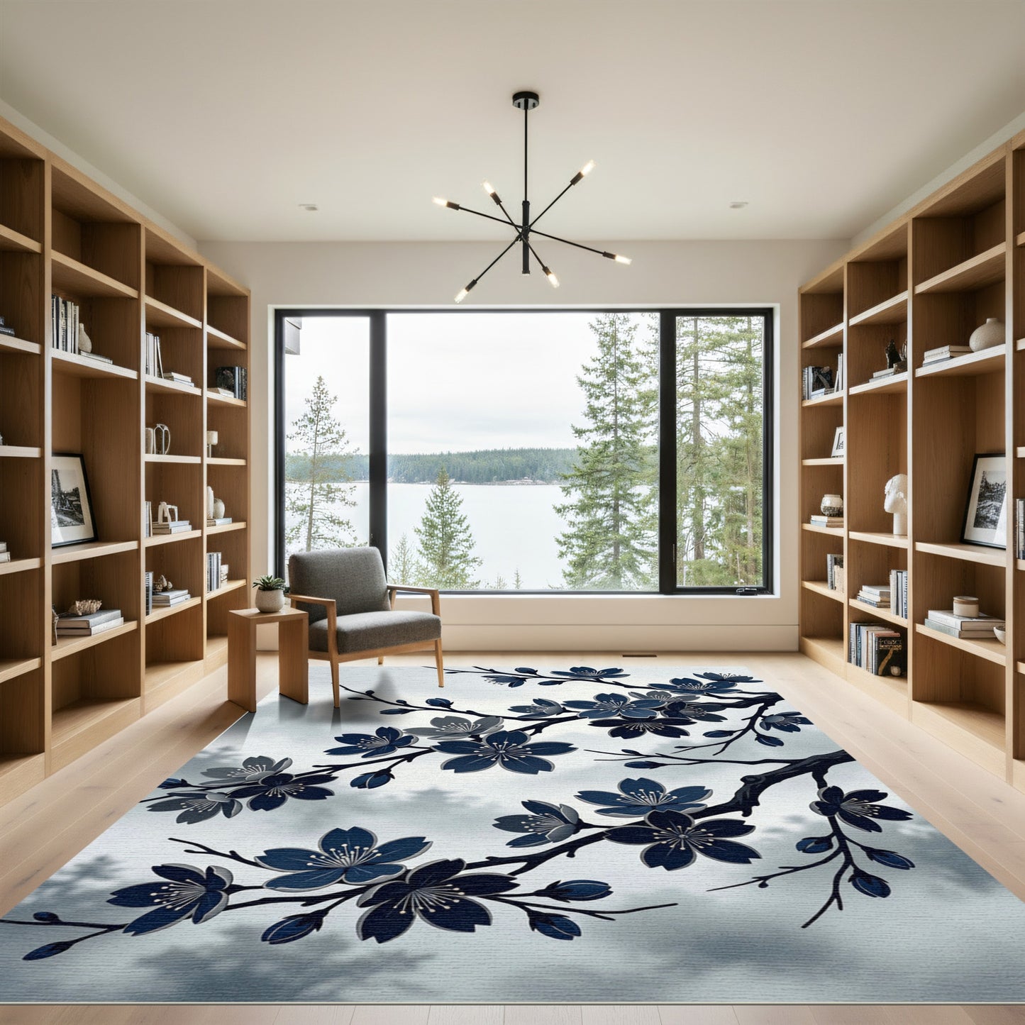 Elegant Navy Blue Cherry Blossoms Rug