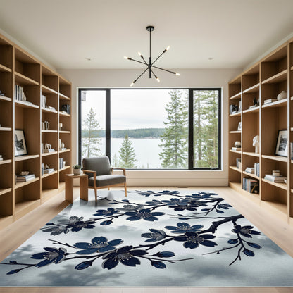 Elegant Navy Blue Cherry Blossoms Rug
