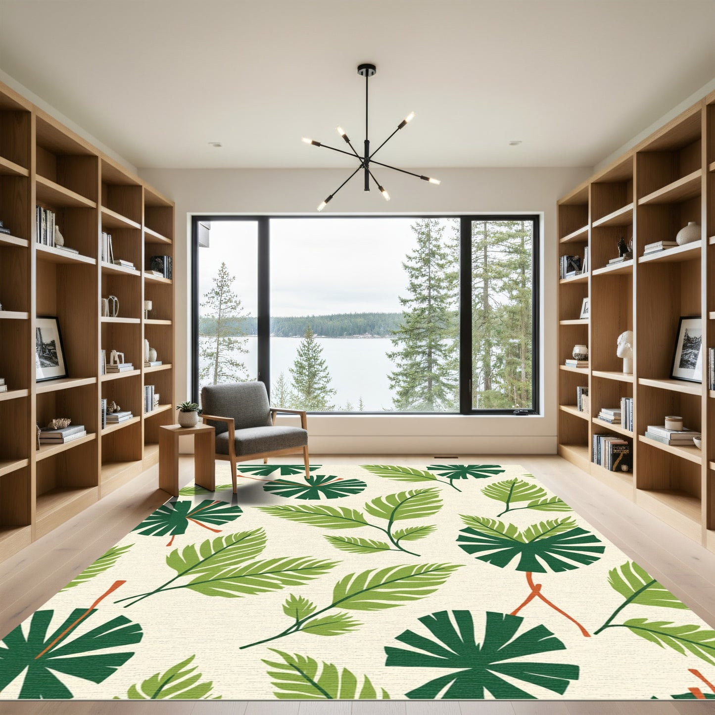 Deep Green Leafy Palm Motif Rug