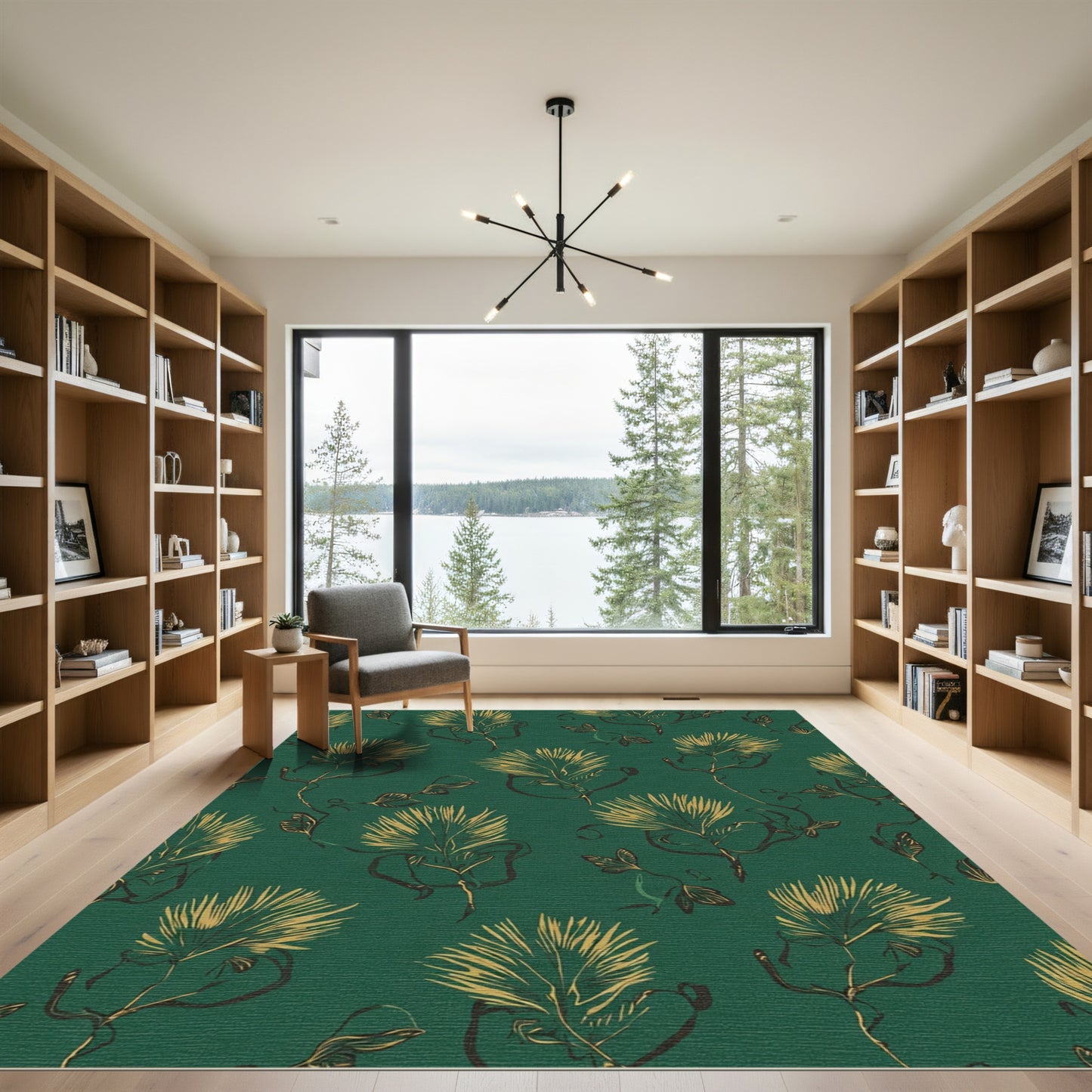Golden Feathery Botanicals on Teal Rug