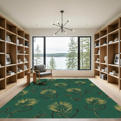Golden Feathery Botanicals on Teal Rug