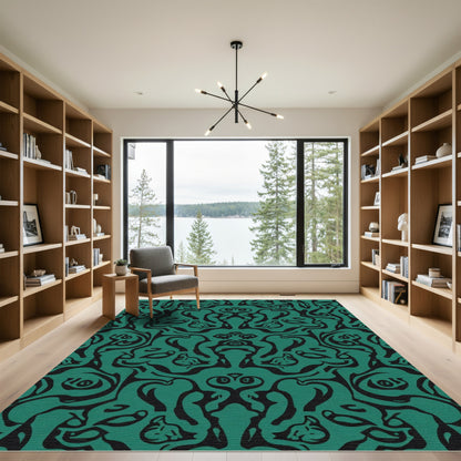 Emerald Black Curving Animalistic Overlay Rug