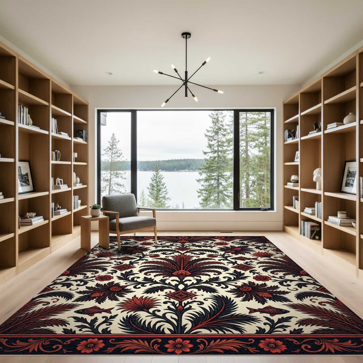 Black and Crimson Botanical Fish Medallion Rug