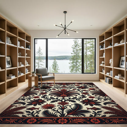 Black and Crimson Botanical Fish Medallion Rug