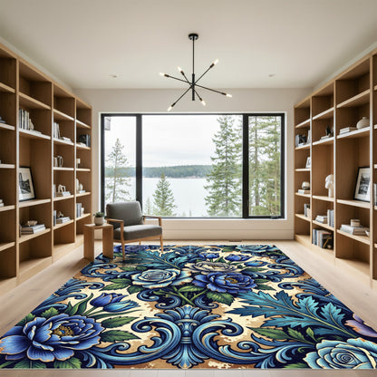 Rich Blue Floral Acanthus Scroll Rug