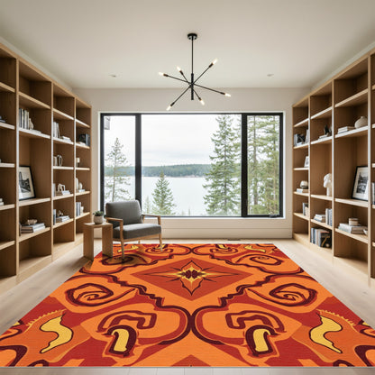 Orange Red Abstract Swirl Medallion Rug