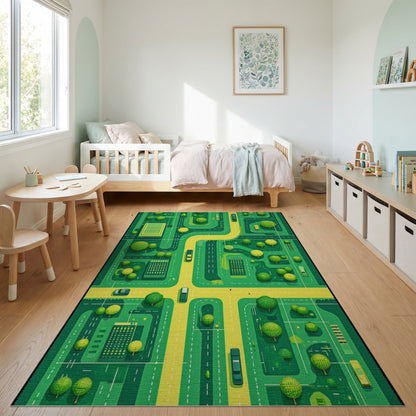 Vibrant Green City Roads Trees Rug
