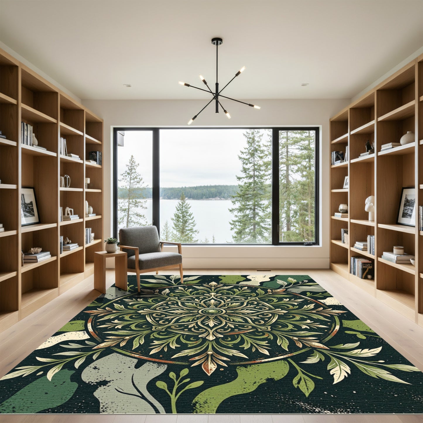 Elegant Olive Green Ornamental Floral Medallion Rug