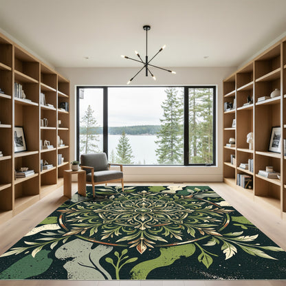 Elegant Olive Green Ornamental Floral Medallion Rug