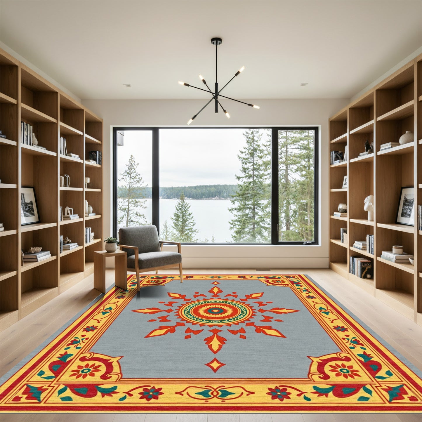 Ornate Red Yellow Sunburst Border Rug