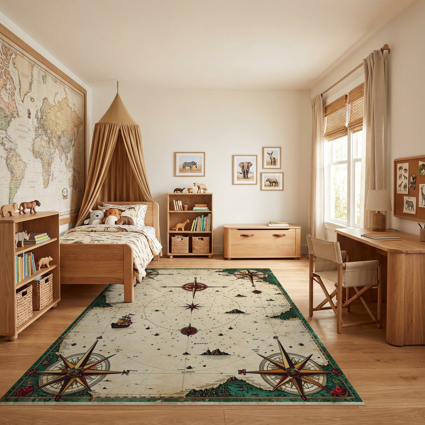 Vintage Nautical Compass Map Rug