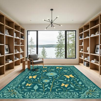 Teal Yellow Butterfly Floral Garden Rug