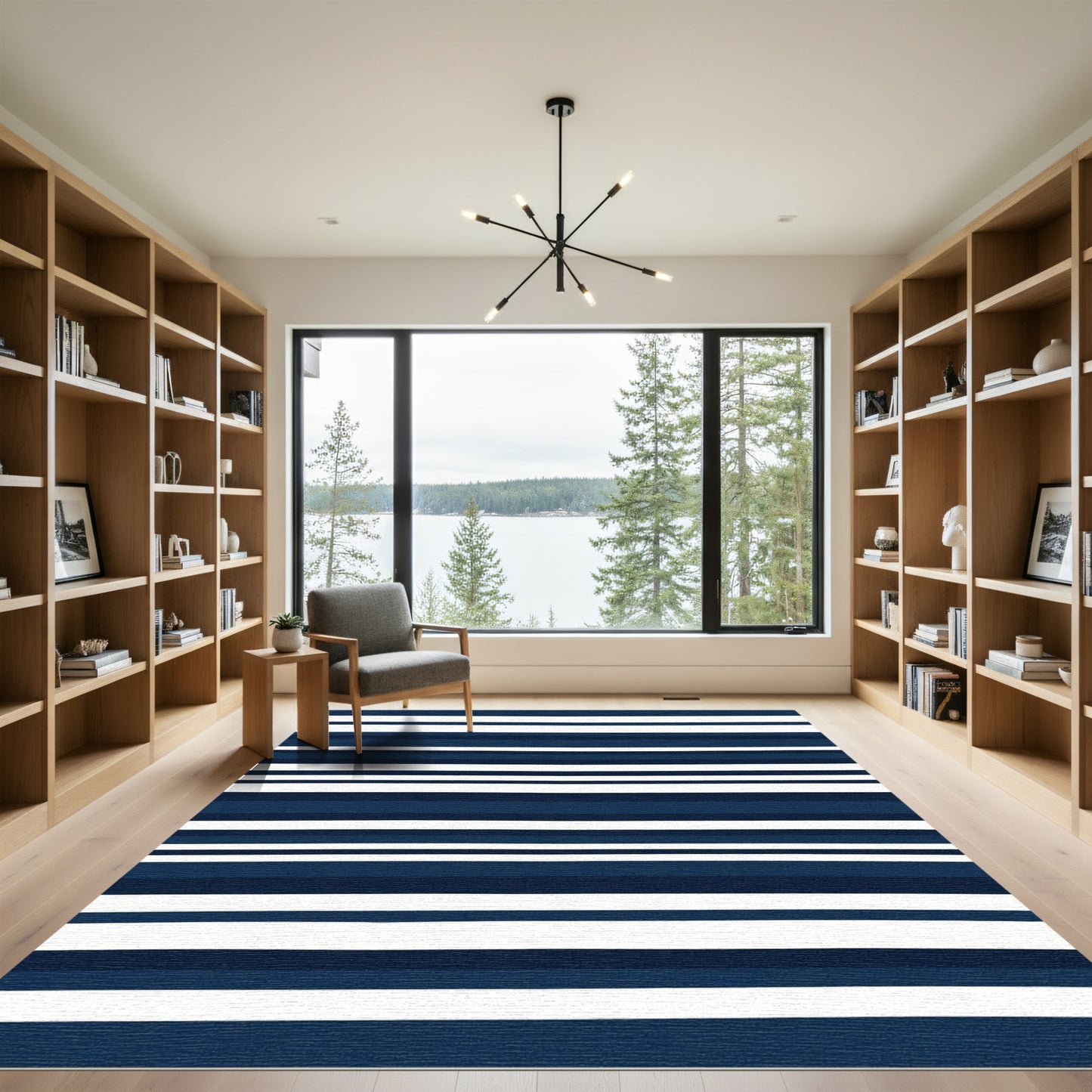 Navy White Striped Modern Textile Rug