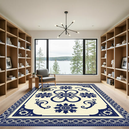 Ornate Blue Ivory Floral Medallion Border Rug