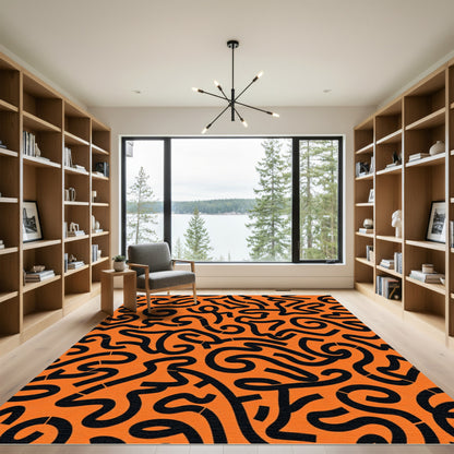 Orange Black Abstract Wavy Lines Rug