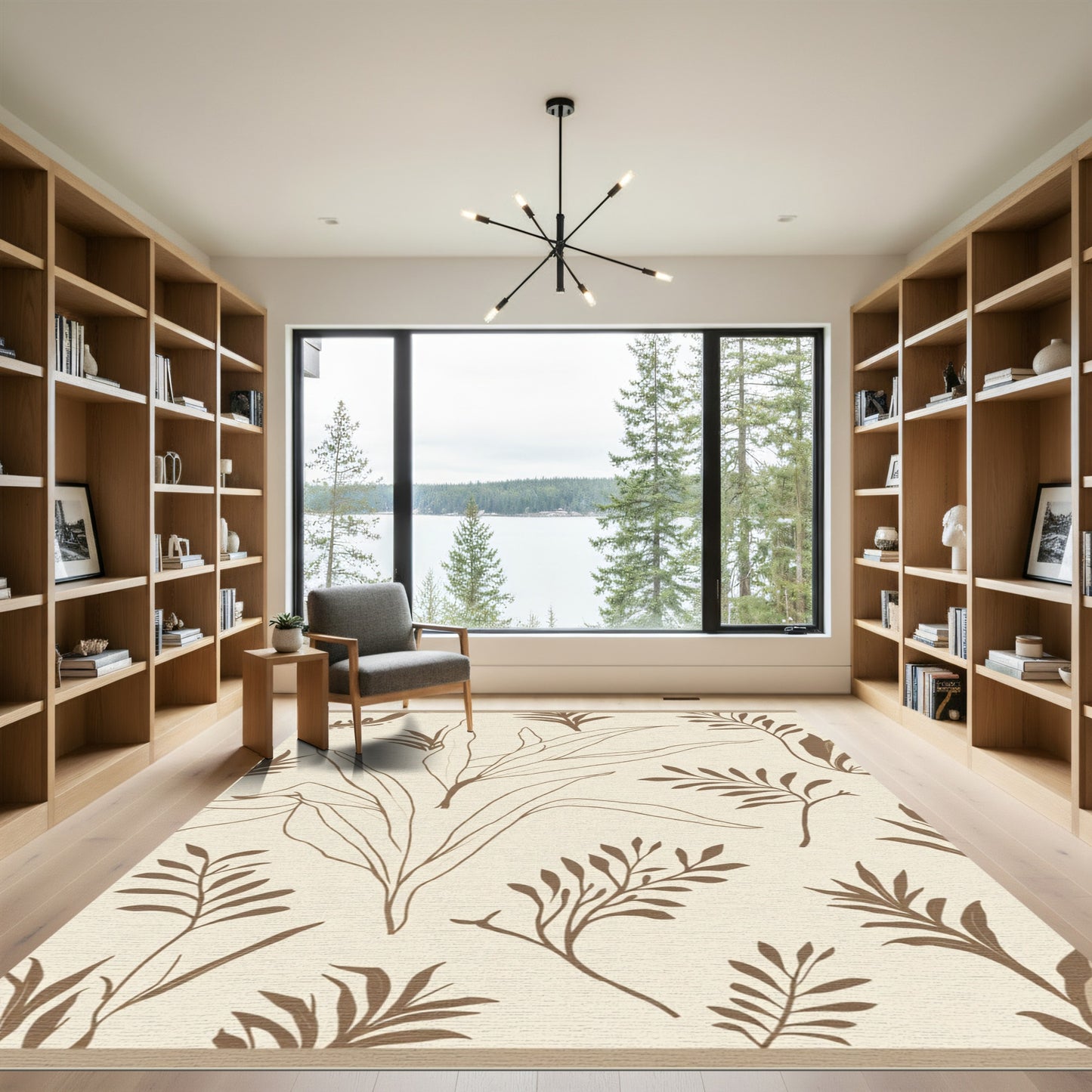 Neutral Tone Botanical Leaf Sketch Rug