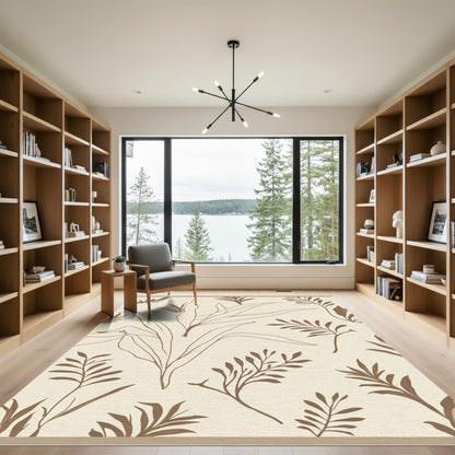 Neutral Tone Botanical Leaf Sketch Rug