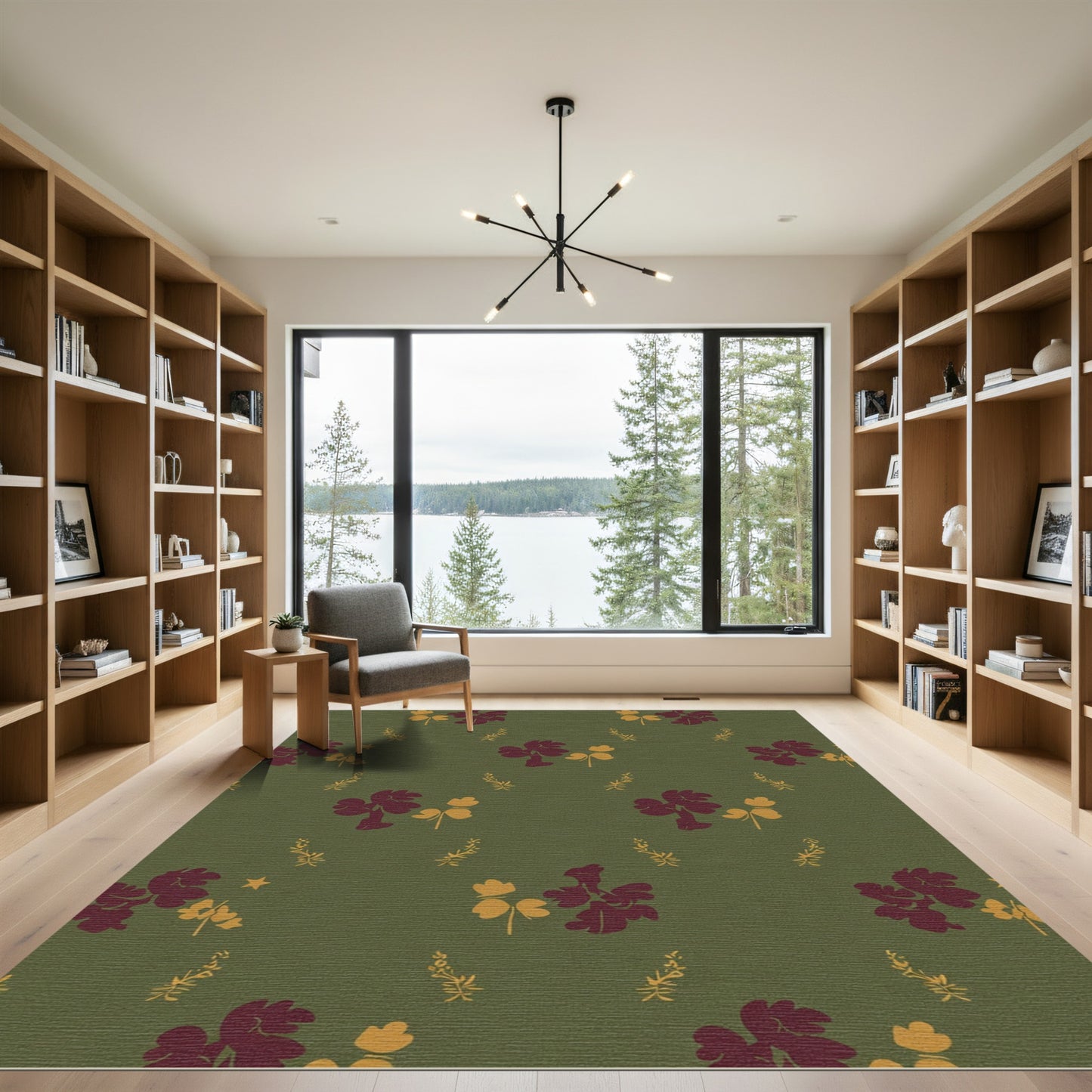 Deep Burgundy Golden Leaf Sprig Rug