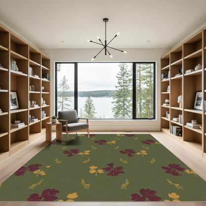 Deep Burgundy Golden Leaf Sprig Rug