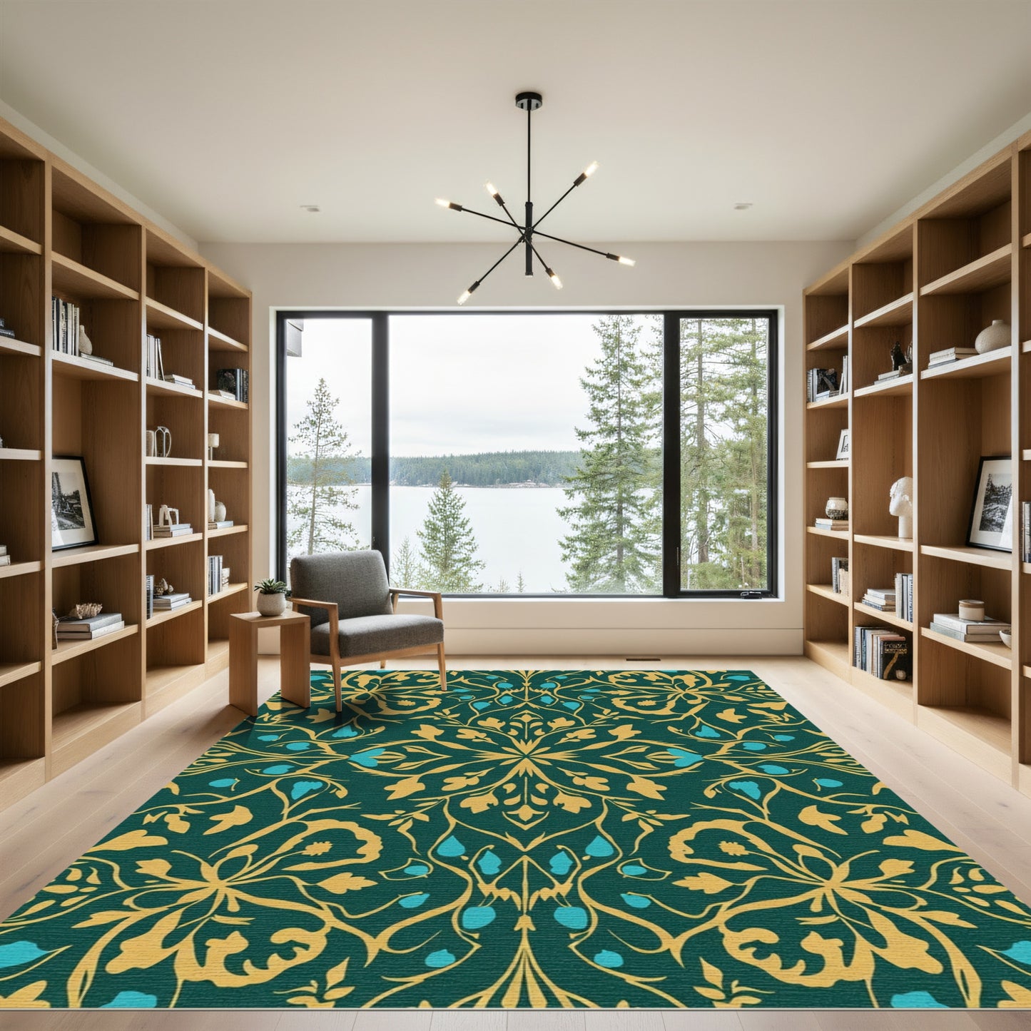 Deep Teal Gold Floral Arabesque Rug