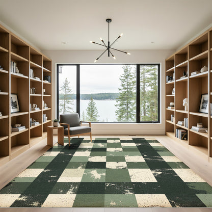 Distressed Sage Olive Checkered Grid Rug