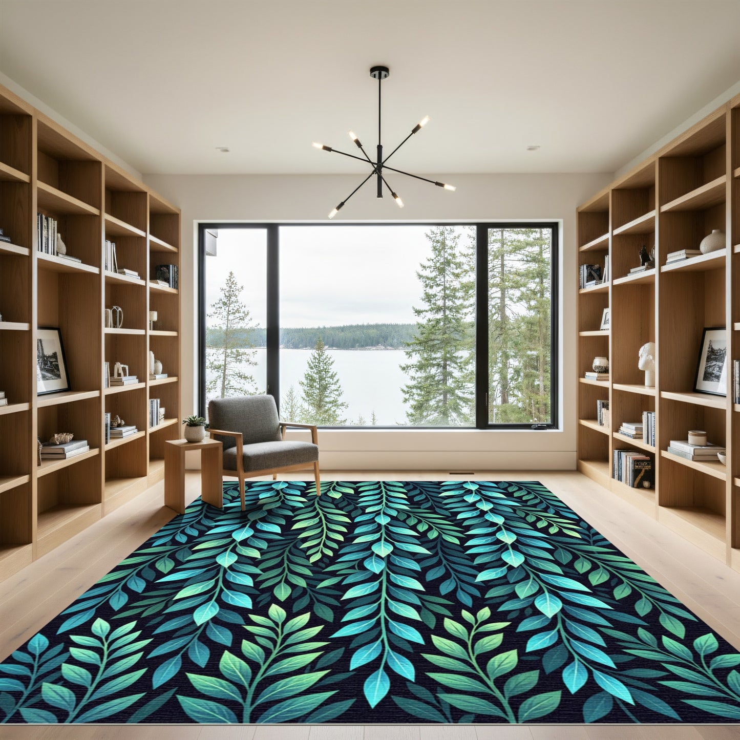 Teal Green Leafy Vine Composition Rug