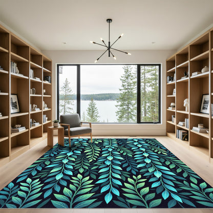Teal Green Leafy Vine Composition Rug