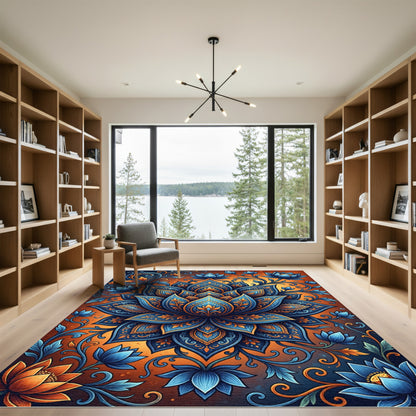 Intricate Blue Orange Lotus Mandala Rug
