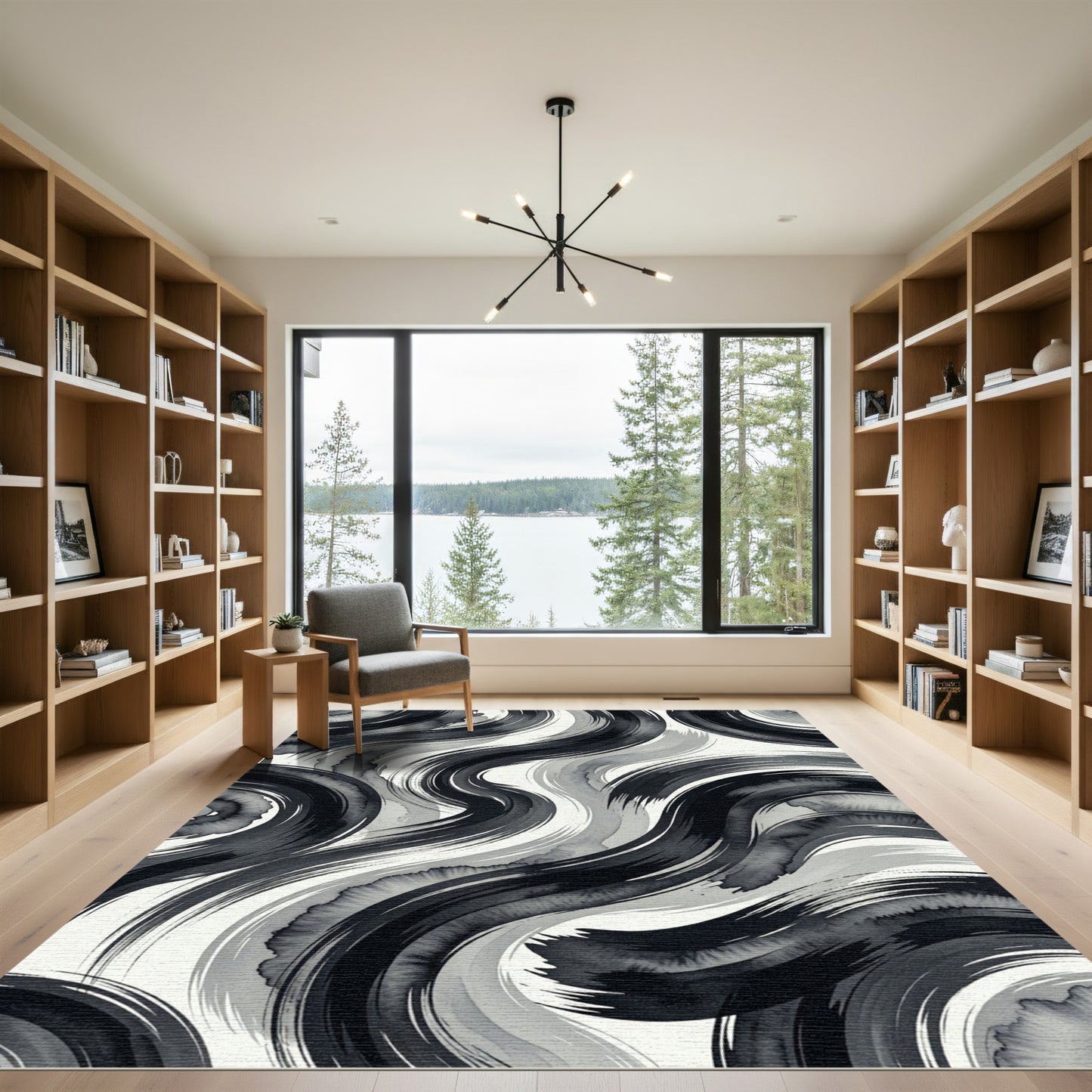 Monochromatic Abstract Fluid Swirl Art Rug