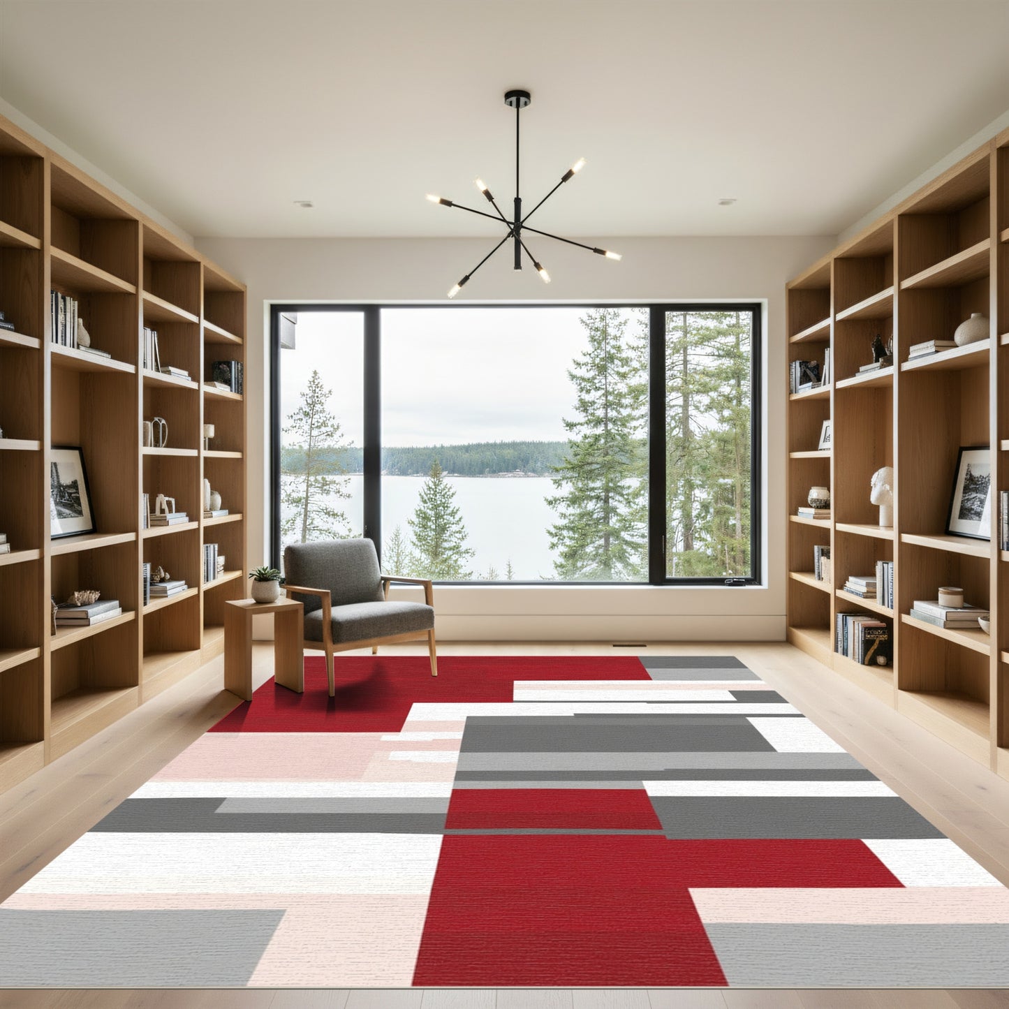 Crimson Gray Abstract Rectangular Blocks Rug
