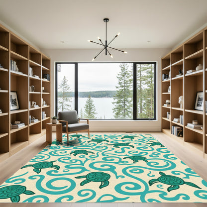 Teal Turtle Swirls On Cream Background Rug