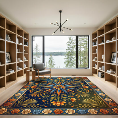 Celestial Navy Gold Floral Star Medallion Rug