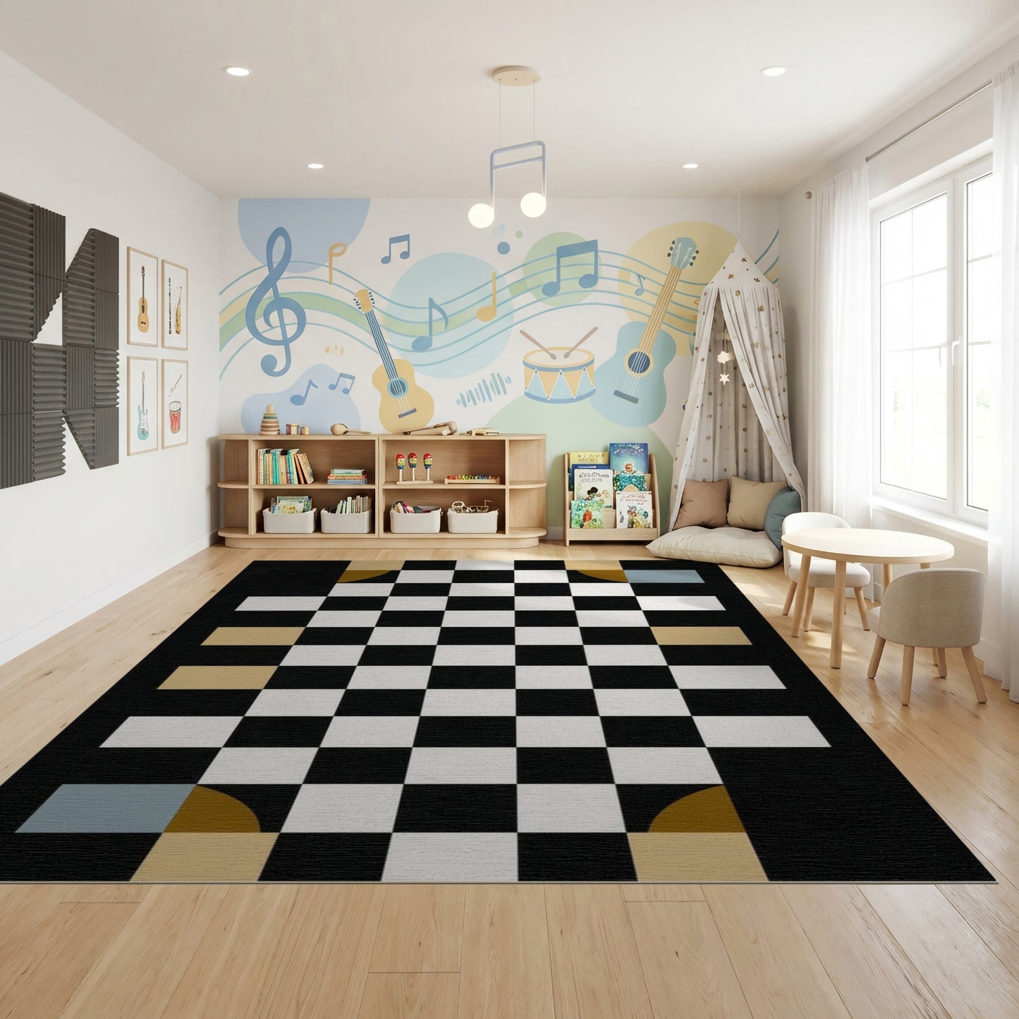 Black White Gold Teal Checkerboard Rug