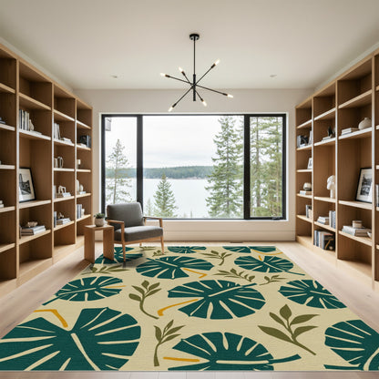 Teal Monstera Leaves Yellow Ochre Vine Rug