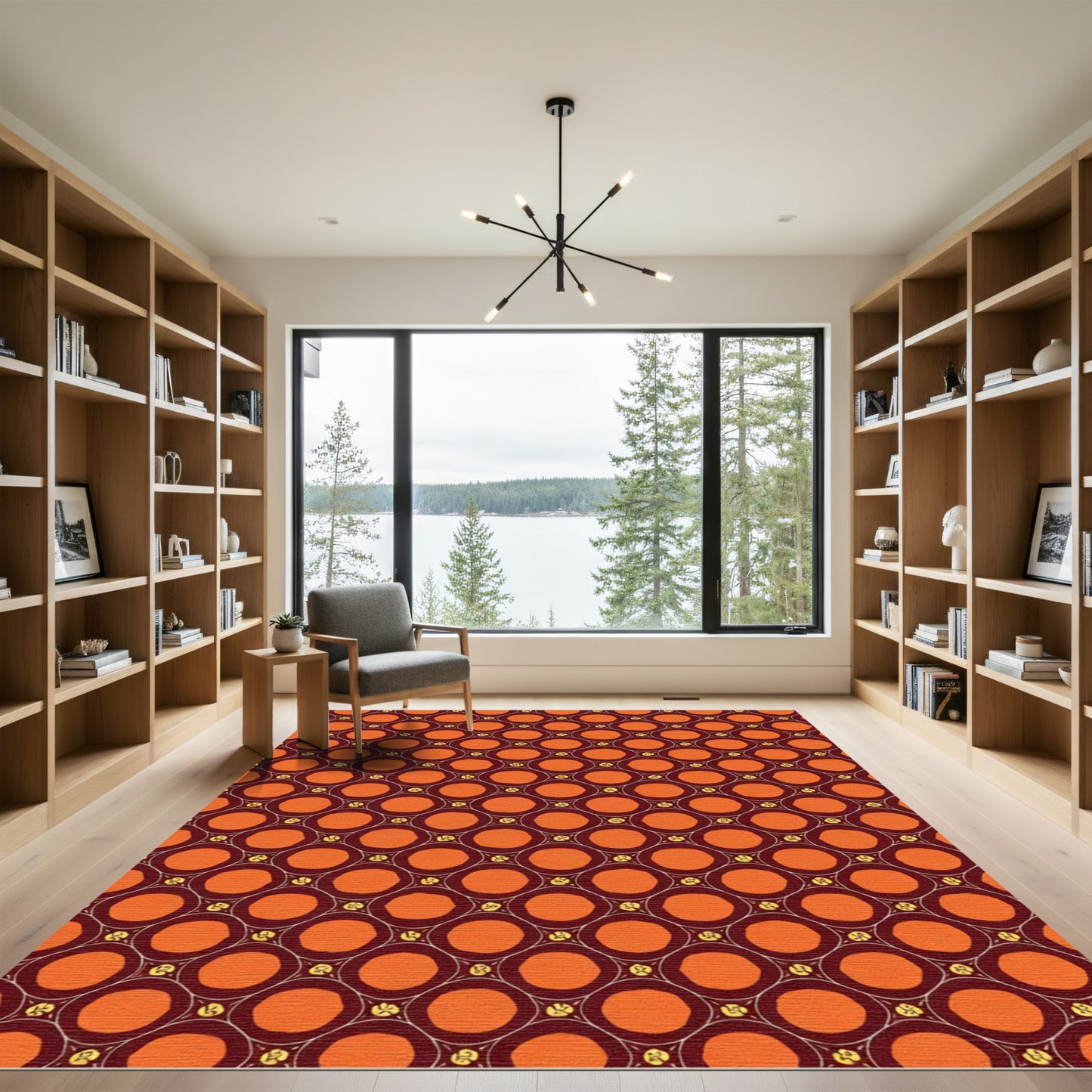 Orange Circles Burgundy Lattice Rug