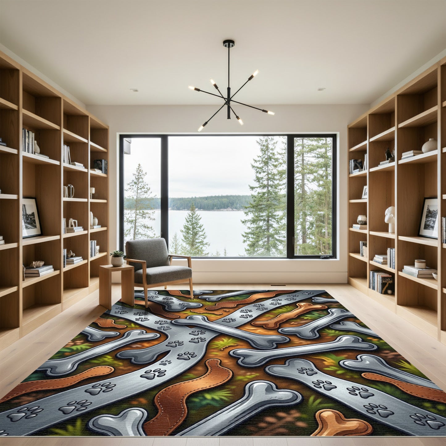 Playful Silver Bone and Paw Track Rug