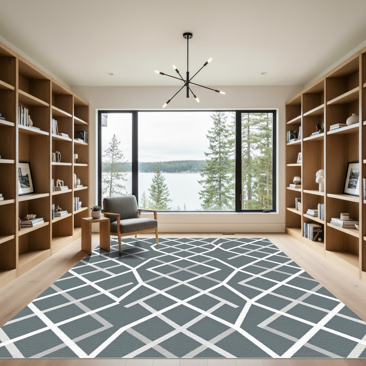Grey Modern Interlocking Geometric Lattice Rug